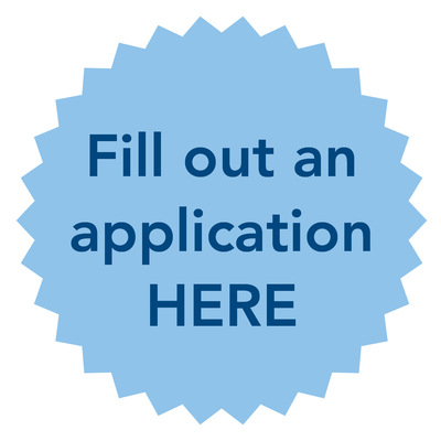 A pale blue starburst graphic, featuring the words "Fill out an application HERE."