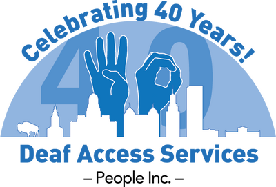 Celebrating 40 years Deaf Access Services of People Inc. hands showing the number 40 with the Buffalo skyline.