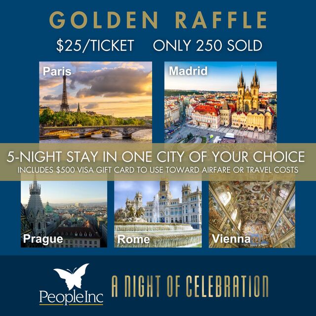 A collage of photos of landmarks in European cities: Paris, Madrid, Prague, Rome or Vienna. Gold text promotes the Golden Ticket Raffle: $25/ticket, only 250 sold for a chance to win a five-night stay in the city of your choice.