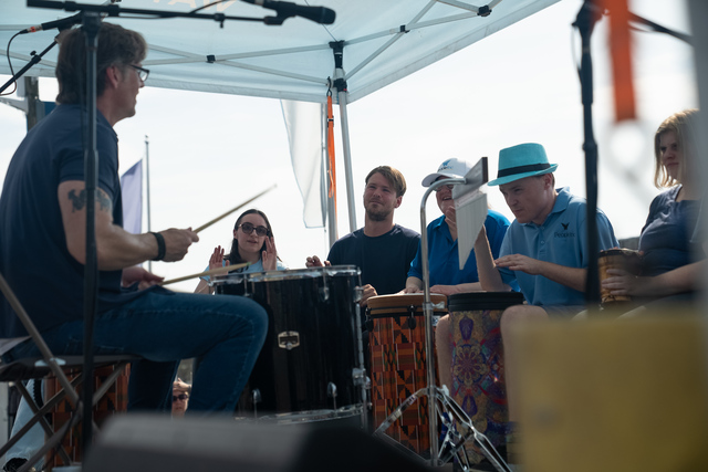 Matthew Knott (left) performs with Blue Ink Butterfly at the World Canals Conference