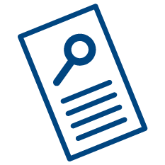 A simple line graphic in dark blue of a paper form with a magnifying glass shape overlapping the top of the page.
