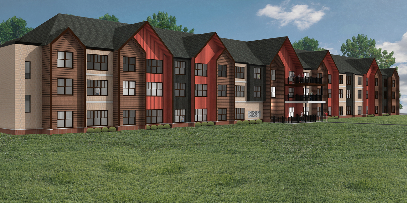 A digital rendering of a series of red, brown and beige conjoined apartment buildings with peaked roofs set against a blue sky and a stretch of green grass.