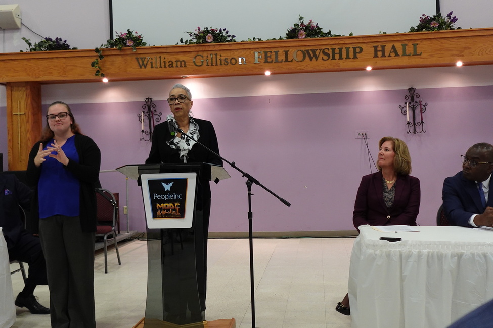 Antonia Gillison, wife of the late Rev. William Gillison presented during the groundbreaking press conference. Also pictured are the ASL interpreter, Anne McCaffrey, President & CEO of People Inc. and City of Buffalo Mayor Byron Brown.