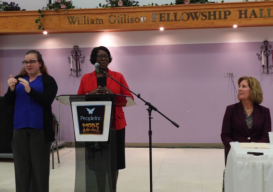 New York State Assembly Majority Leader Crystal Peoples-Stokes addresses the crowd assembled for the Mt. Olive Senior Manor groundbreaking. Looking on is People Inc. President & CEO Anne McCaffrey.