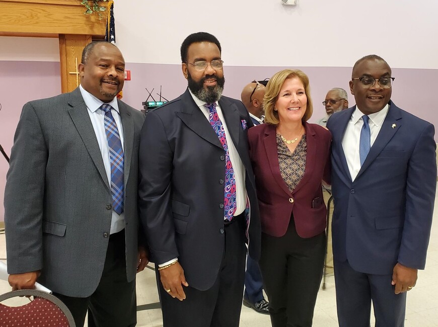 At the Mt. Olive Senior Manor Apartments groundbreaking Rob Mootry, Chair Mt. Olive Development Corporation, Pastor Dwayne R. Gillison Sr., Anne McCaffrey President & CEO People Inc. and City of Buffalo Mayor Byron W. Brown pose for a photo.
