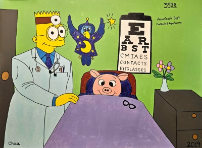 Dr. Bart, Wizard, and Pig, acrylic on canvas, 36x48 inches